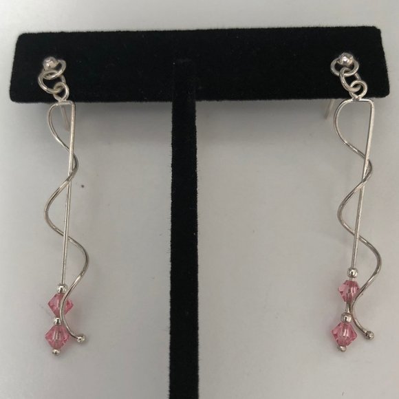 Silver Tone and Pink Crystal Pierced Earrings - Picture 1 of 5